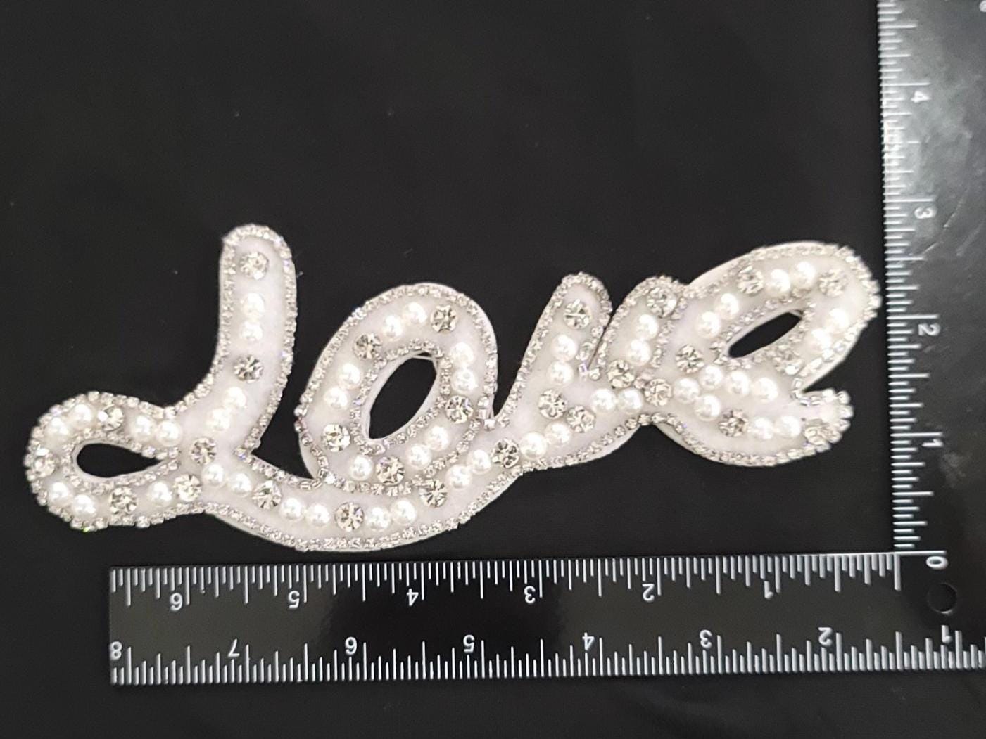 Rhinestone “Love” Patch | White Pearl Sew On or Glue On Applique | Bling Jacket Patch for Denim, Bags, Clothes & DIY Fashion