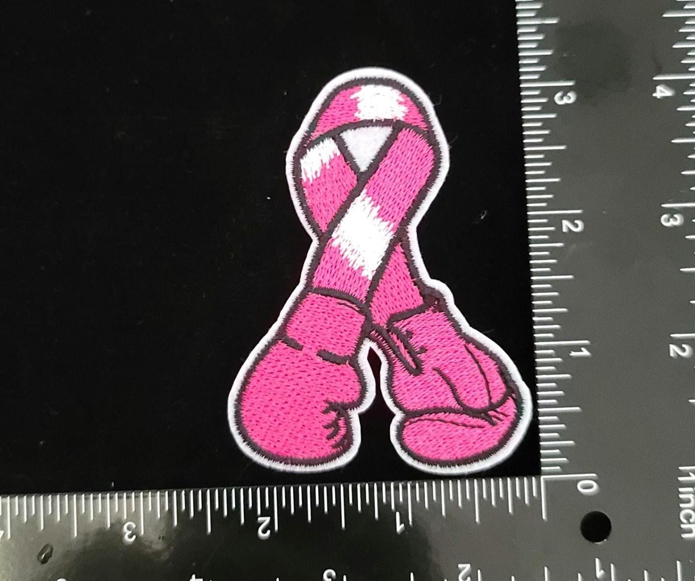 Pink Ribbon Boxing Gloves Patch – 3x2 Iron-On Patch for Breast Cancer Awareness