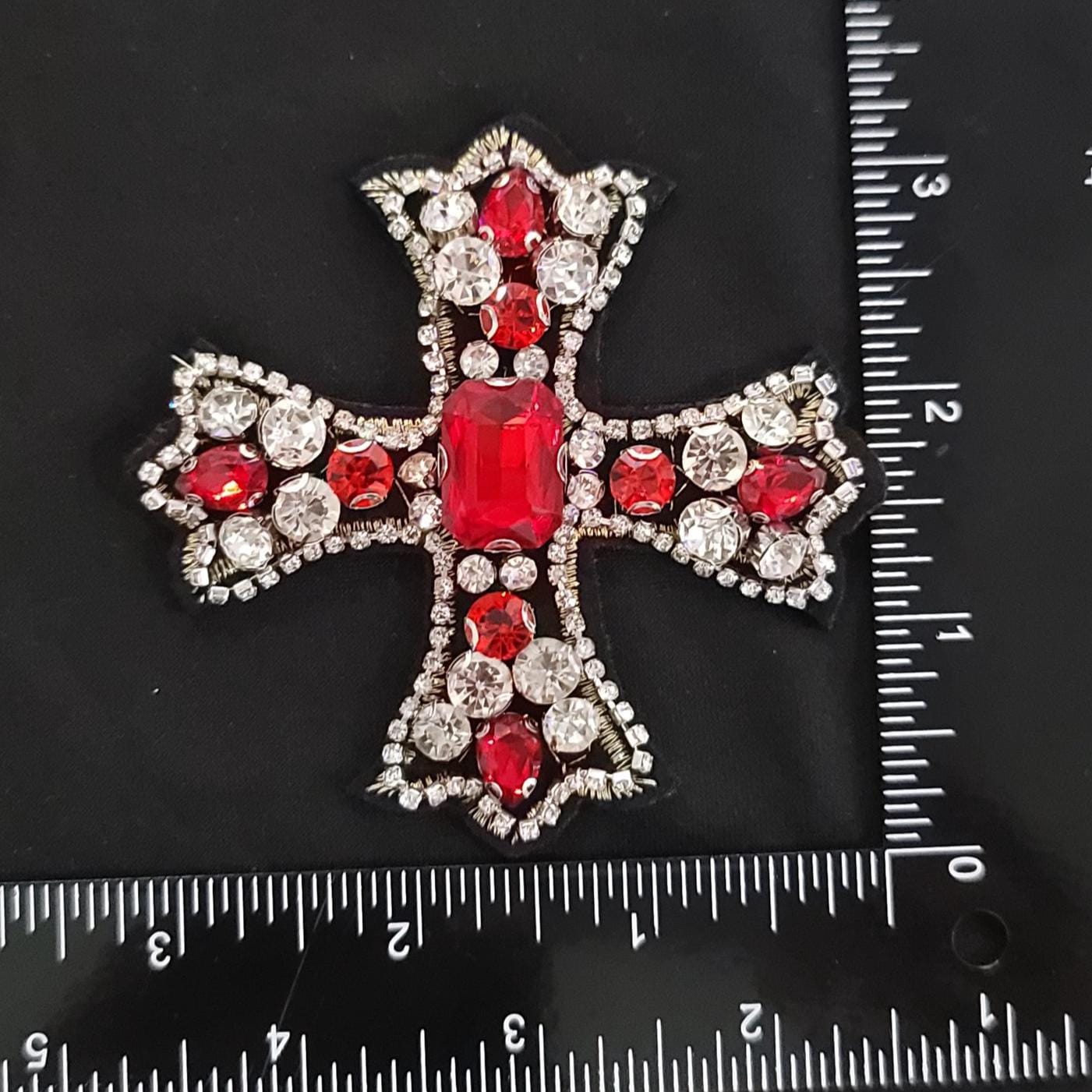 Red Rhinestone Cross Patch | Sparkly Sew On Applique | Bling Cross for Jackets, Denim, Bags, DIY Fashion