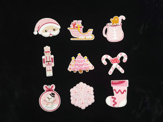 Pastel Pink Christmas Patch Set – 9-Piece Holiday Iron-On/Sew-On Bundle | Kawaii Winter Patches | Cute Christmas Decor Appliqués