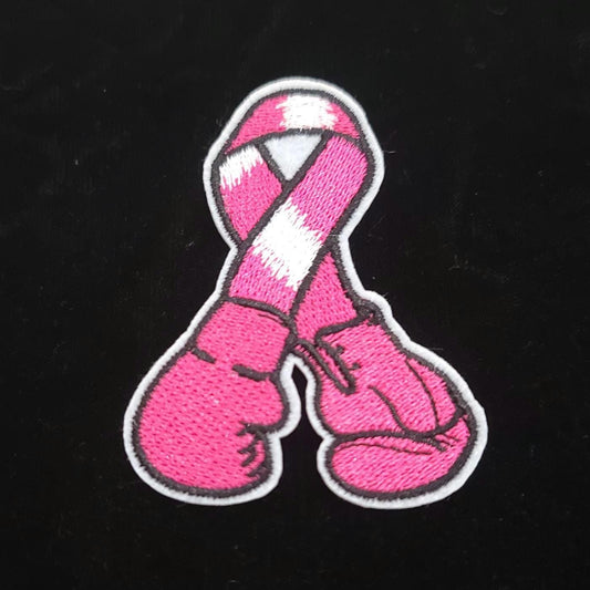 Pink Ribbon Boxing Gloves Patch – 3x2 Iron-On Patch for Breast Cancer Awareness