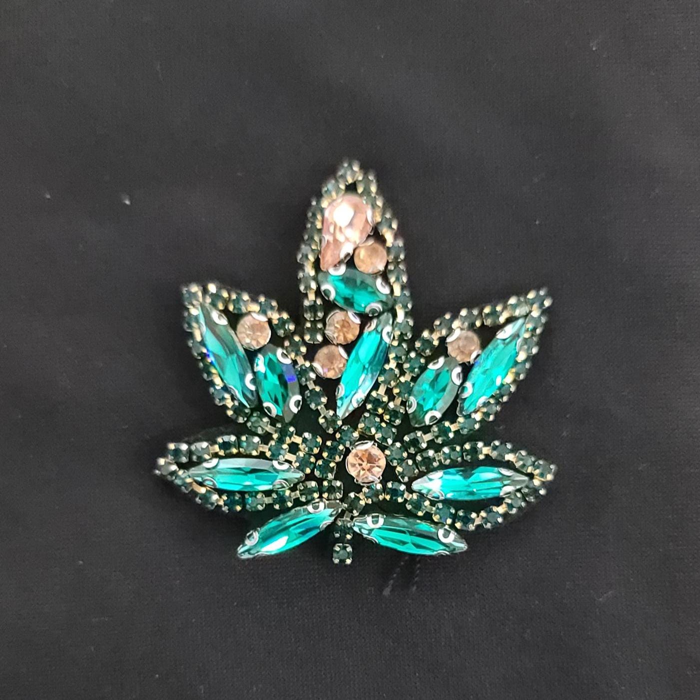 Green Rhinestone Leaf Patch | Boho Sew On Applique | Sparkly Festival Jacket Patch | Statement Bling Leaf for Denim, Bags & Hats