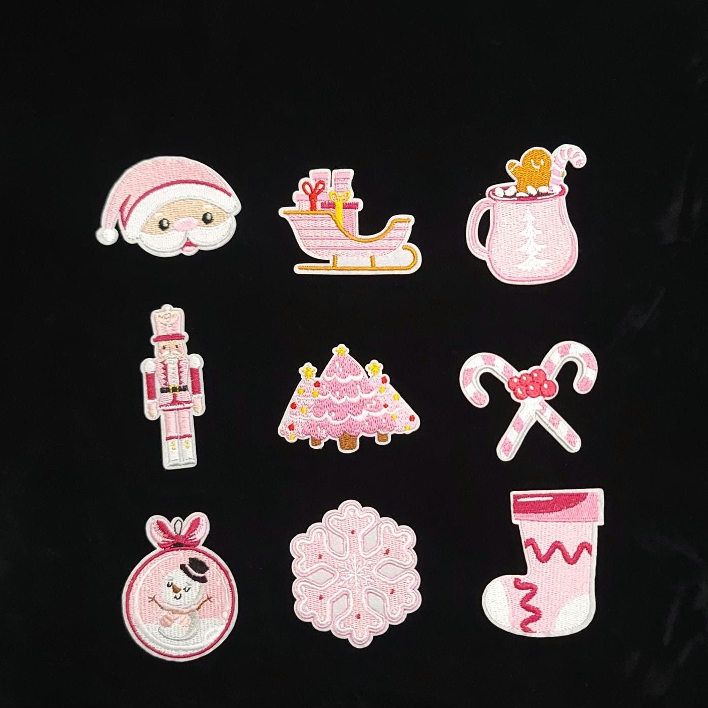 Pastel Pink Christmas Patch Set – 9-Piece Holiday Iron-On/Sew-On Bundle | Kawaii Winter Patches | Cute Christmas Decor Appliqués