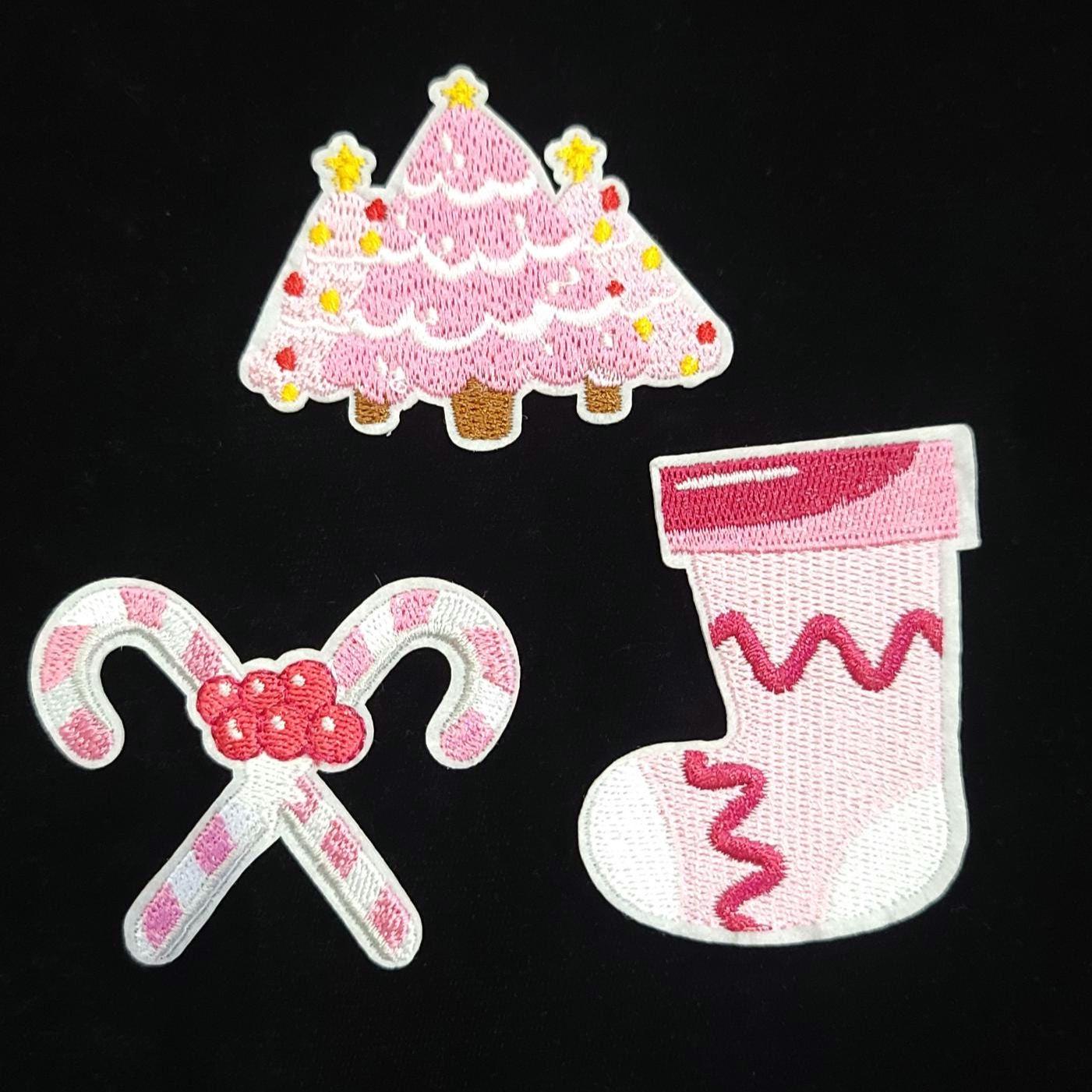 Pastel Pink Christmas Patch Set – 9-Piece Holiday Iron-On/Sew-On Bundle | Kawaii Winter Patches | Cute Christmas Decor Appliqués