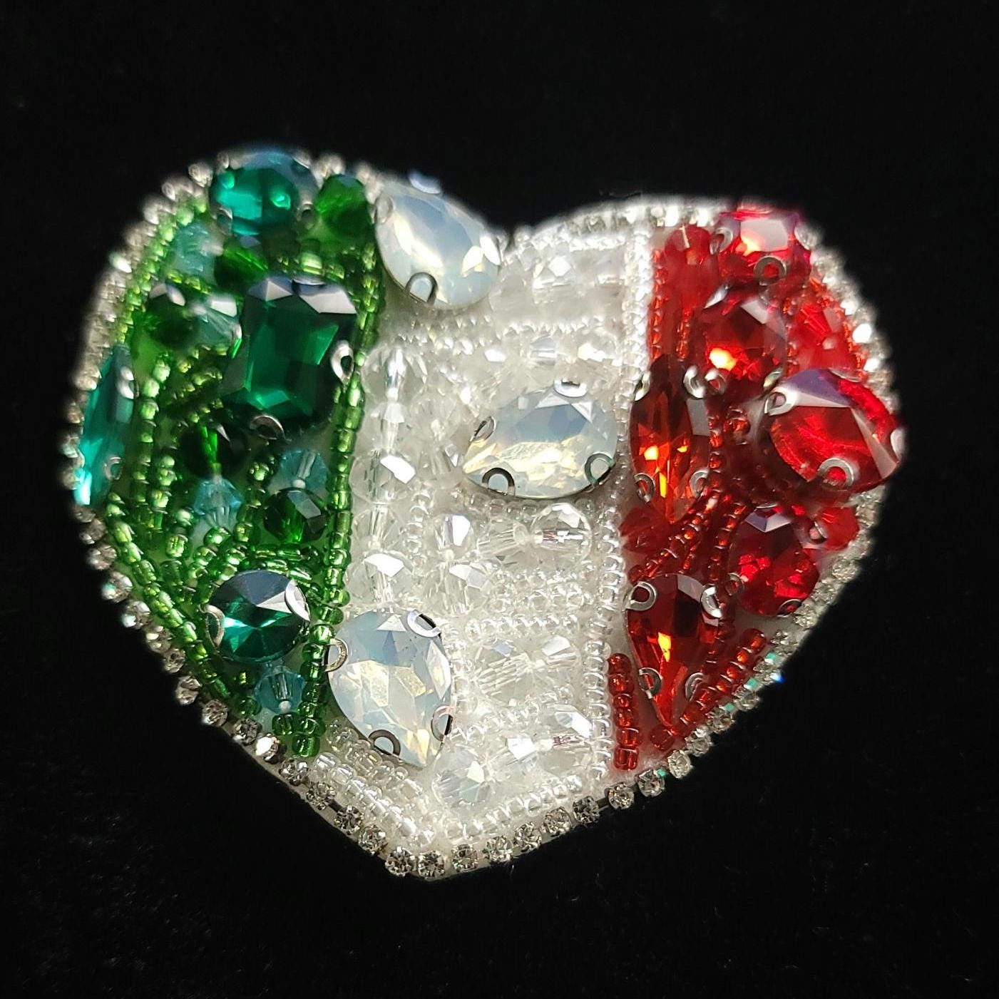 Heart Rhinestone Patch – Italy or Mexico Flag Colors – Green White Red Crystal Sew-On Bling Patch