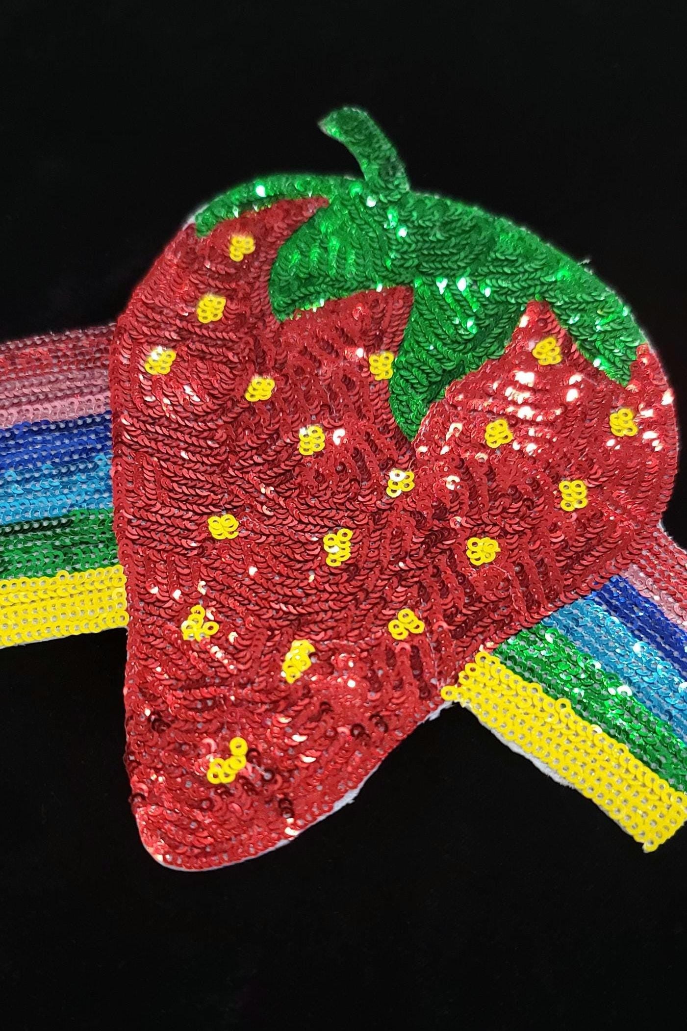 Strawberry Rainbow Sequin Patch – Iron-On or Sew-On Embellishment | Vibrant Pride Patch | Fruity Fun Appliqué for Jackets, Bags & More