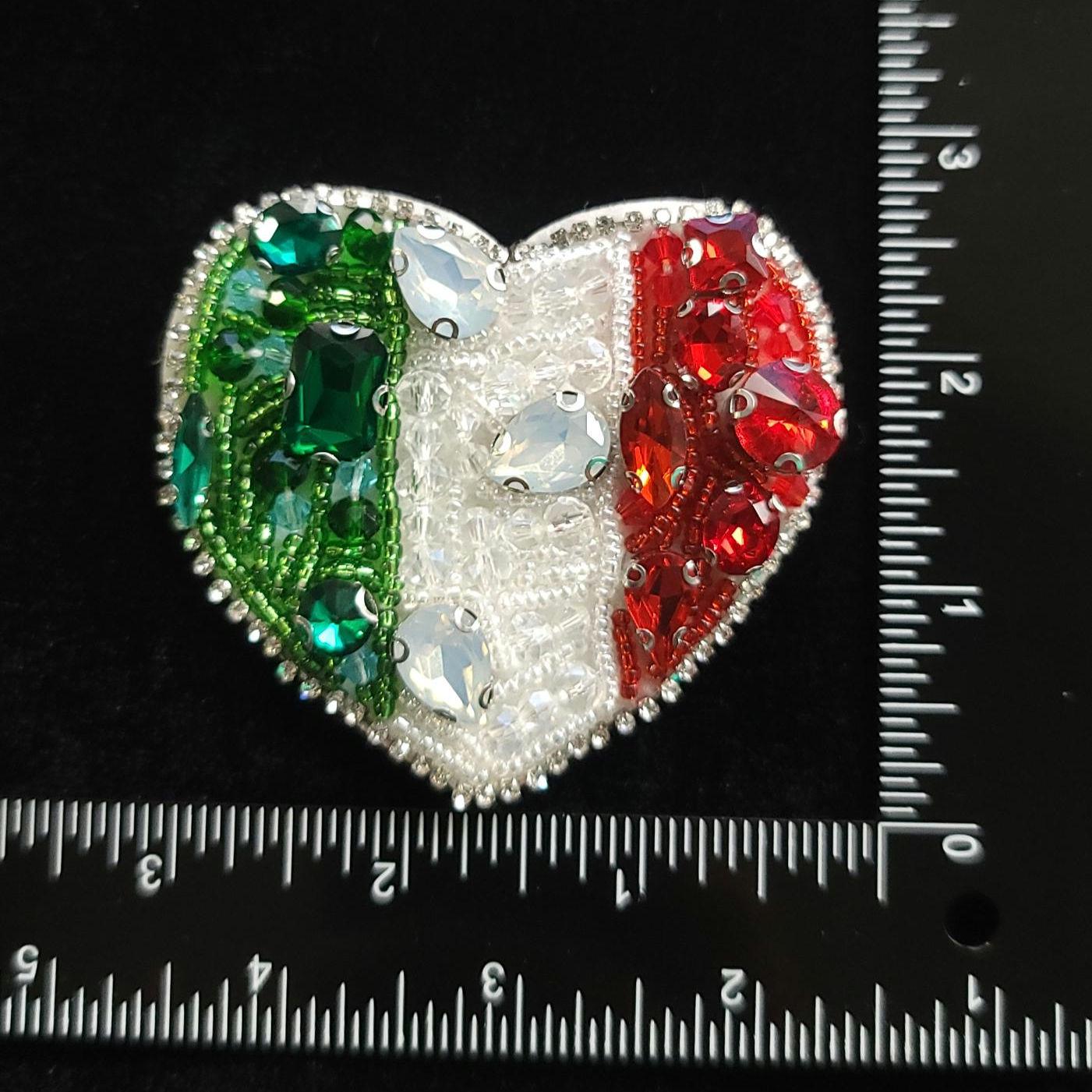 Heart Rhinestone Patch – Italy or Mexico Flag Colors – Green White Red Crystal Sew-On Bling Patch