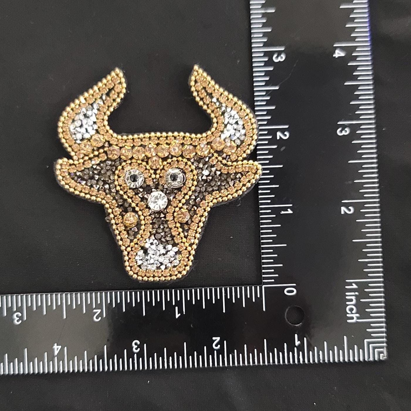 Rhinestone Bull Patch | Western Cowgirl Sew On Applique | Gold & Silver Bling Steer Head | Jacket, Denim, Rodeo Outfit Patch