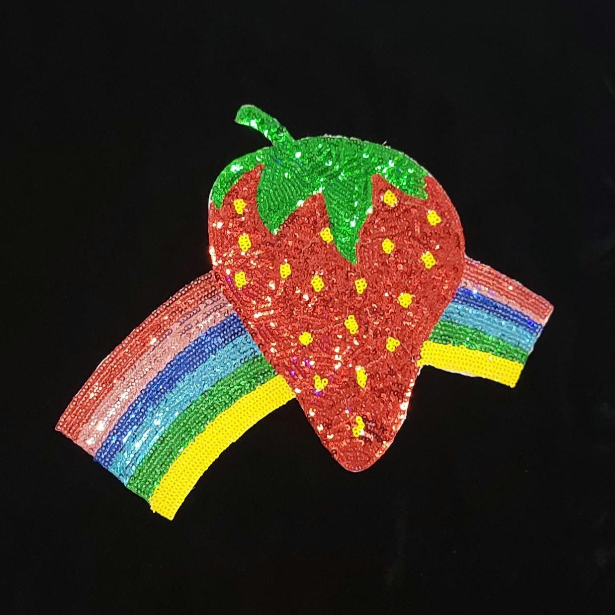 Strawberry Rainbow Sequin Patch – Iron-On or Sew-On Embellishment | Vibrant Pride Patch | Fruity Fun Appliqué for Jackets, Bags & More