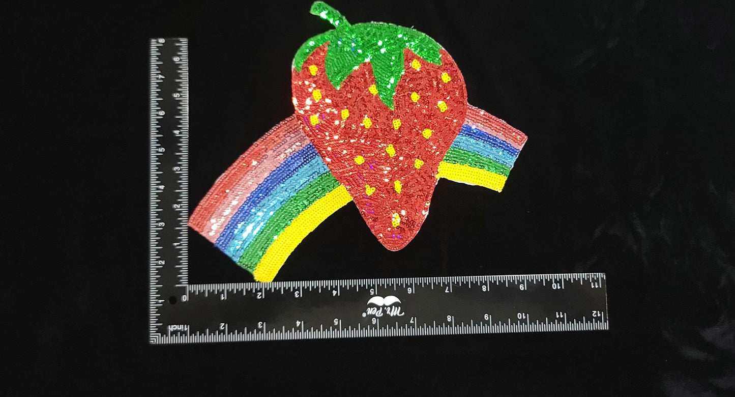 Strawberry Rainbow Sequin Patch – Iron-On or Sew-On Embellishment | Vibrant Pride Patch | Fruity Fun Appliqué for Jackets, Bags & More