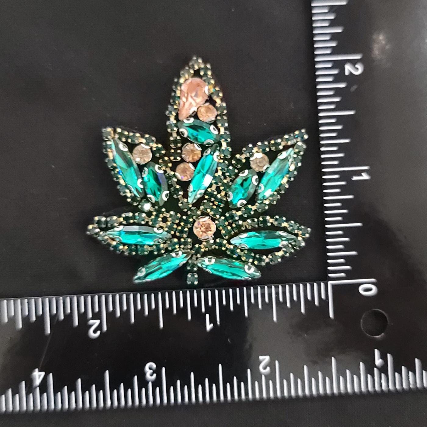 Green Rhinestone Leaf Patch | Boho Sew On Applique | Sparkly Festival Jacket Patch | Statement Bling Leaf for Denim, Bags & Hats