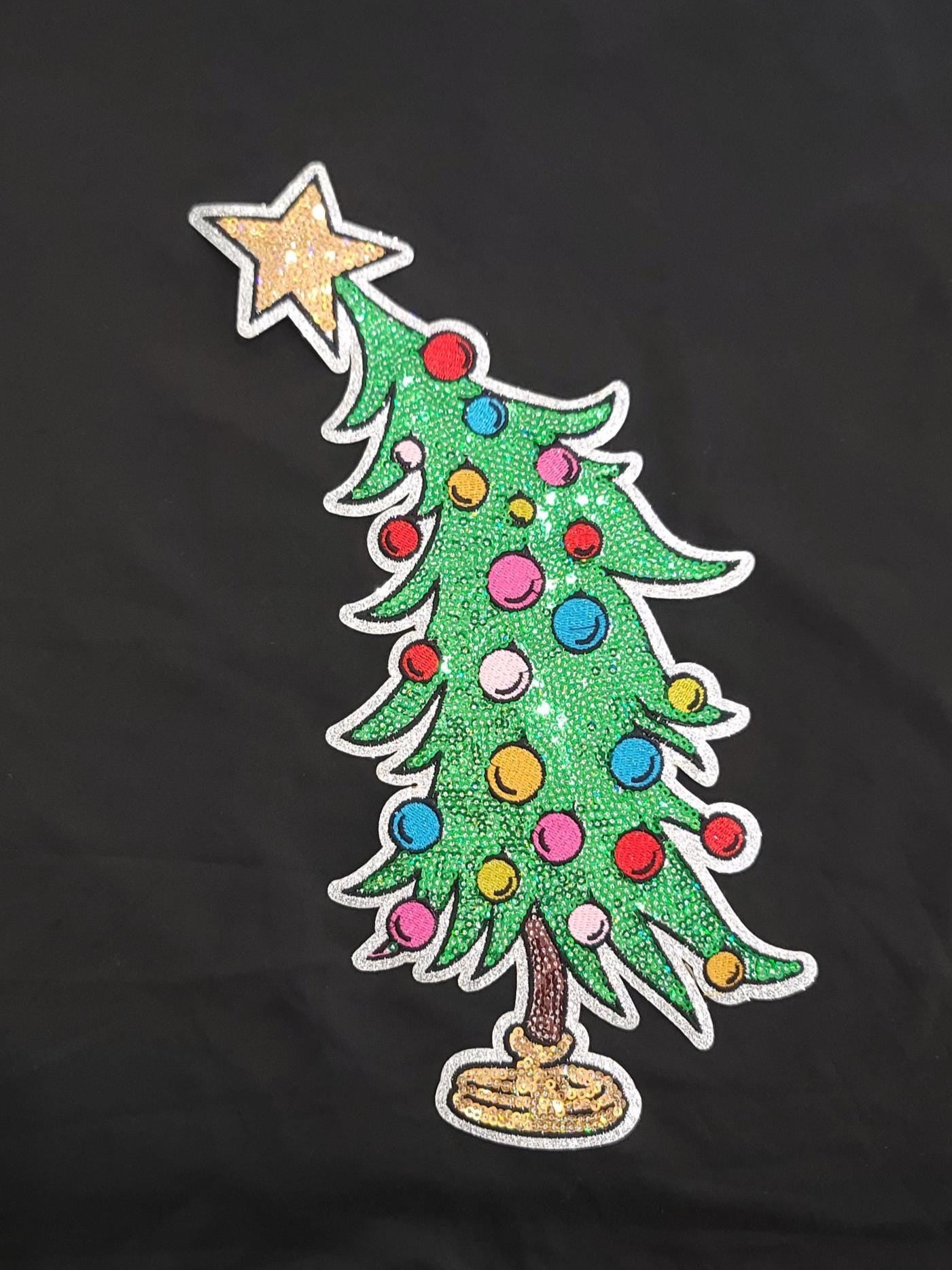 Large Sequin Christmas Tree Patch – Glittery Holiday Iron-On / Sew-On Patch with Star & Ornaments (10x4 in) – Festive Sparkle Appliqué