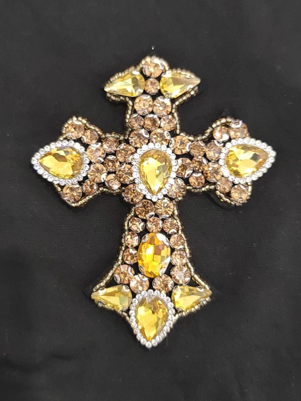 Rhinestone Cross Patch | Gold or Silver Sew On Applique | Sparkly Faith Cross for Jackets, Denim, Hats & Accessories | Bling Patch