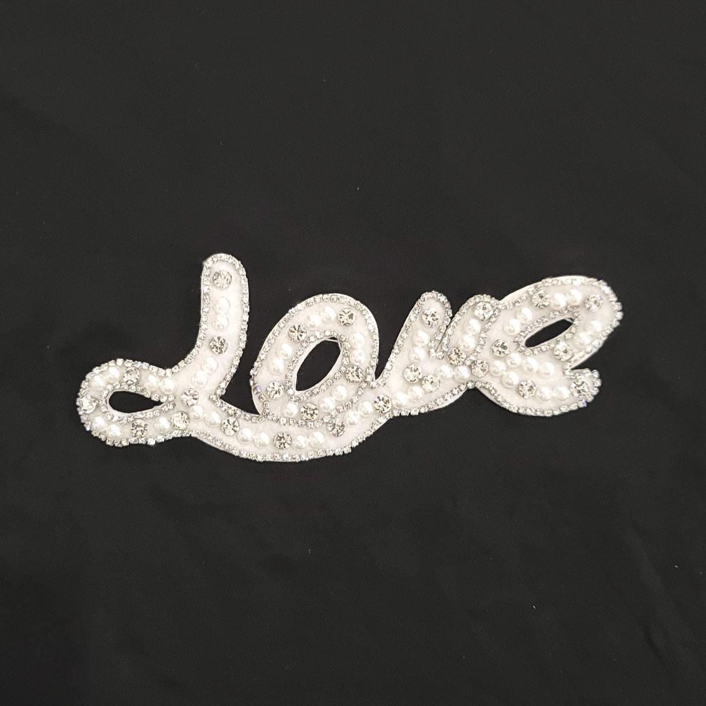 Rhinestone “Love” Patch | White Pearl Sew On or Glue On Applique | Bling Jacket Patch for Denim, Bags, Clothes & DIY Fashion