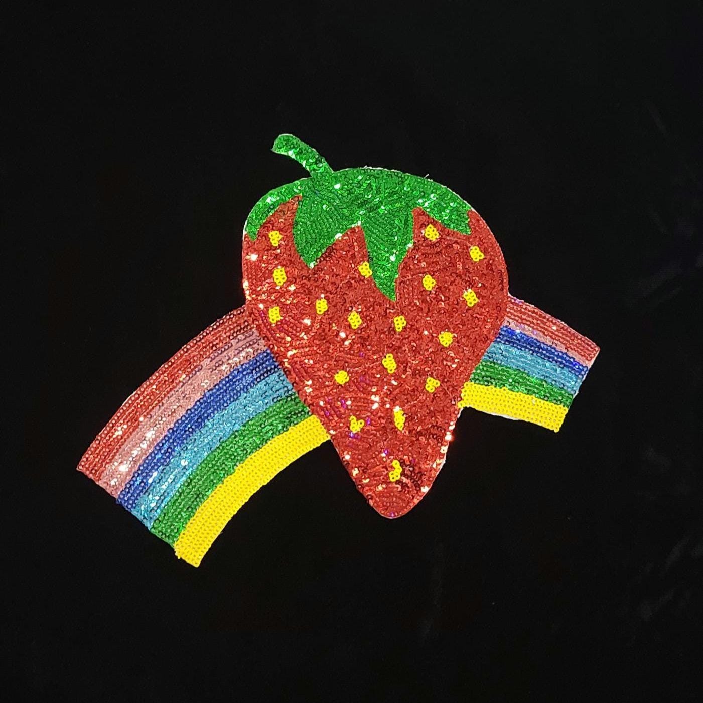 Strawberry Rainbow Sequin Patch – Iron-On or Sew-On Embellishment | Vibrant Pride Patch | Fruity Fun Appliqué for Jackets, Bags & More