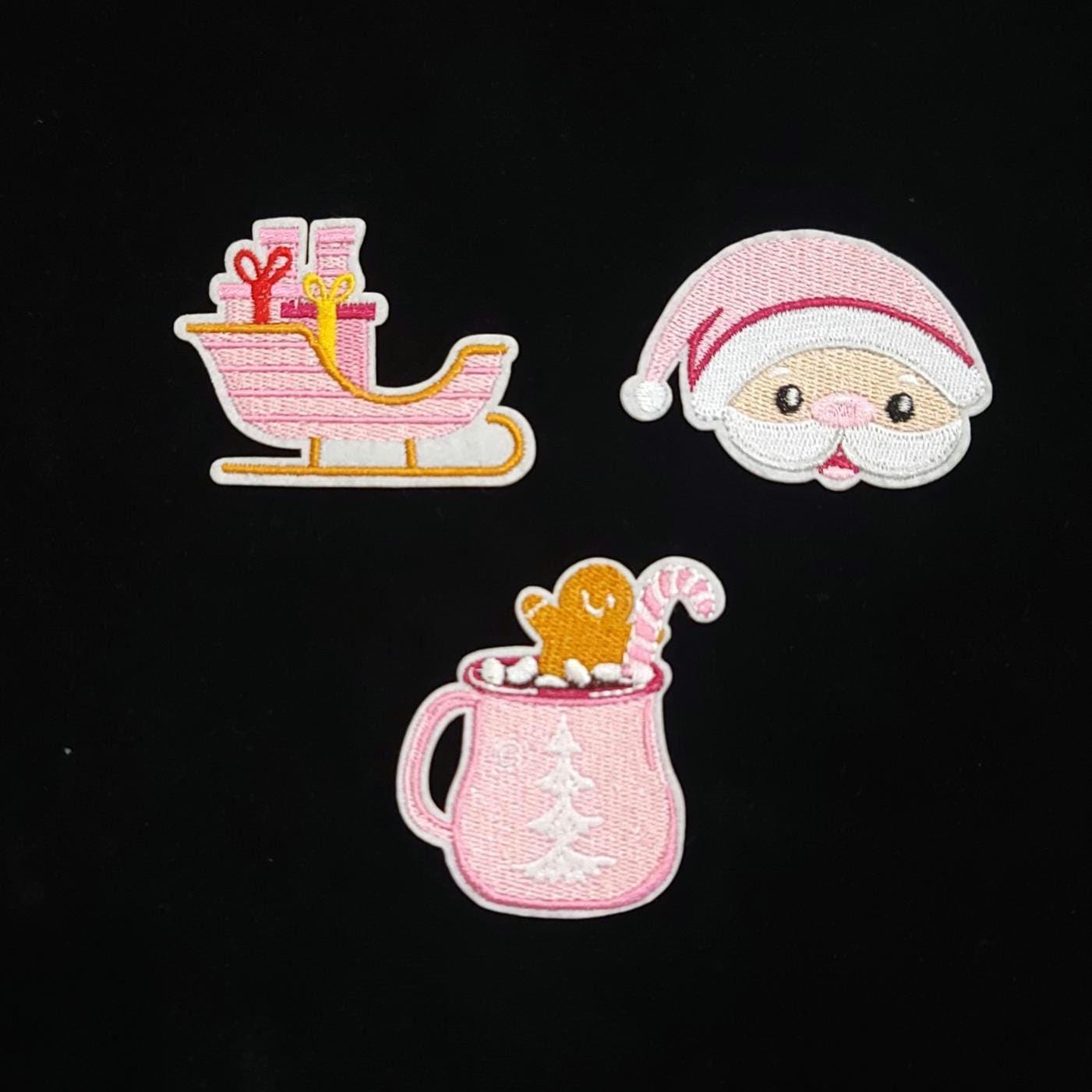 Pastel Pink Christmas Patch Set – 9-Piece Holiday Iron-On/Sew-On Bundle | Kawaii Winter Patches | Cute Christmas Decor Appliqués