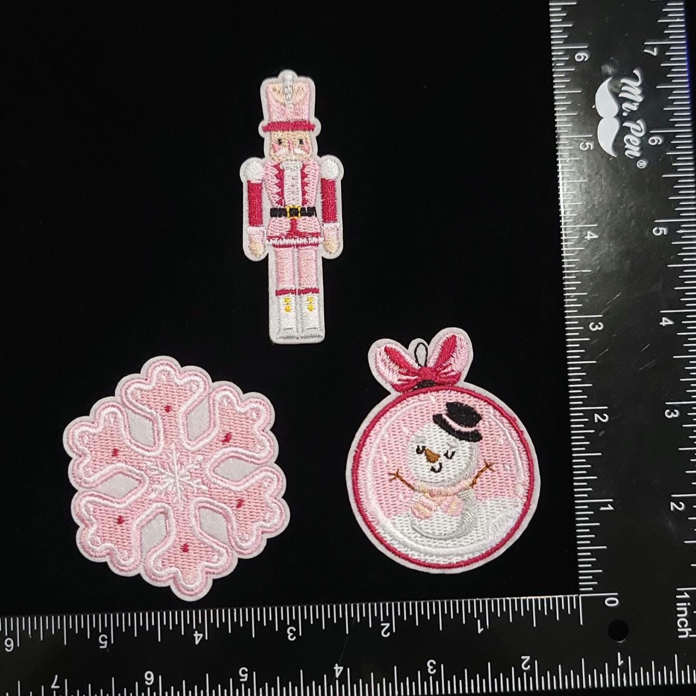 Pastel Pink Christmas Patch Set – 9-Piece Holiday Iron-On/Sew-On Bundle | Kawaii Winter Patches | Cute Christmas Decor Appliqués