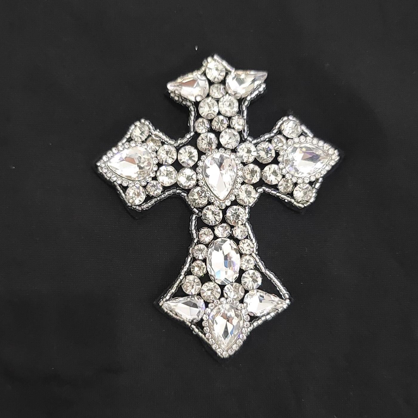 Rhinestone Cross Patch | Gold or Silver Sew On Applique | Sparkly Faith Cross for Jackets, Denim, Hats & Accessories | Bling Patch