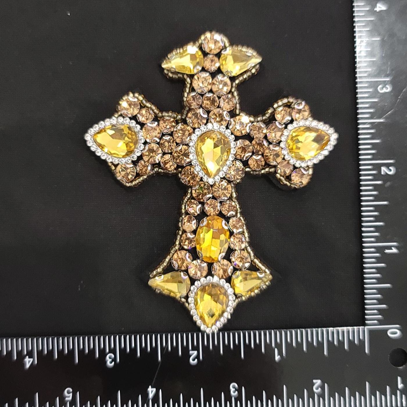 Rhinestone Cross Patch | Gold or Silver Sew On Applique | Sparkly Faith Cross for Jackets, Denim, Hats & Accessories | Bling Patch
