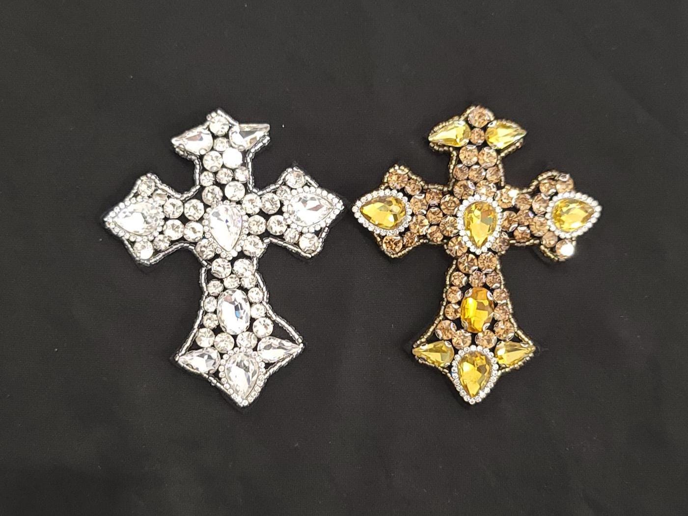 Rhinestone Cross Patch | Gold or Silver Sew On Applique | Sparkly Faith Cross for Jackets, Denim, Hats & Accessories | Bling Patch