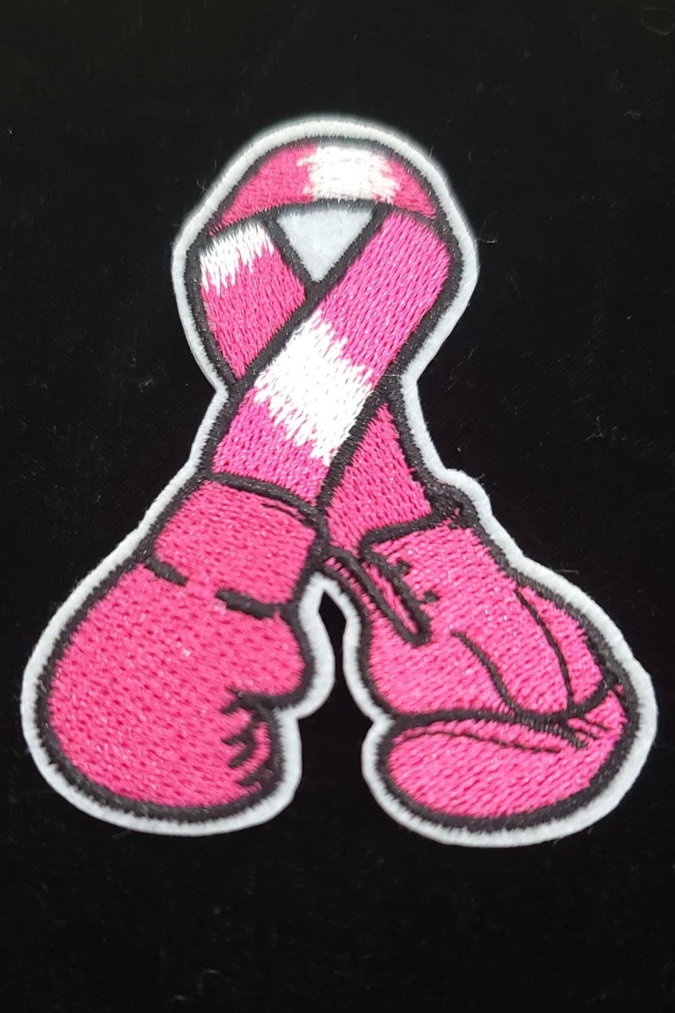 Pink Ribbon Boxing Gloves Patch – 3x2 Iron-On Patch for Breast Cancer Awareness
