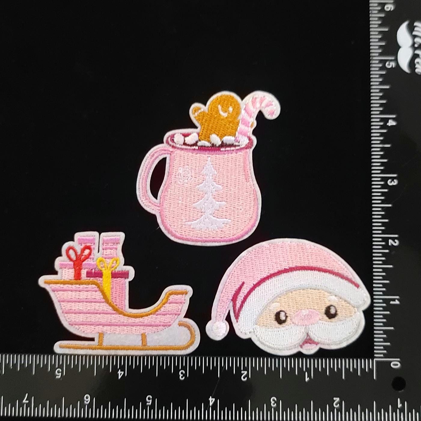 Pastel Pink Christmas Patch Set – 9-Piece Holiday Iron-On/Sew-On Bundle | Kawaii Winter Patches | Cute Christmas Decor Appliqués