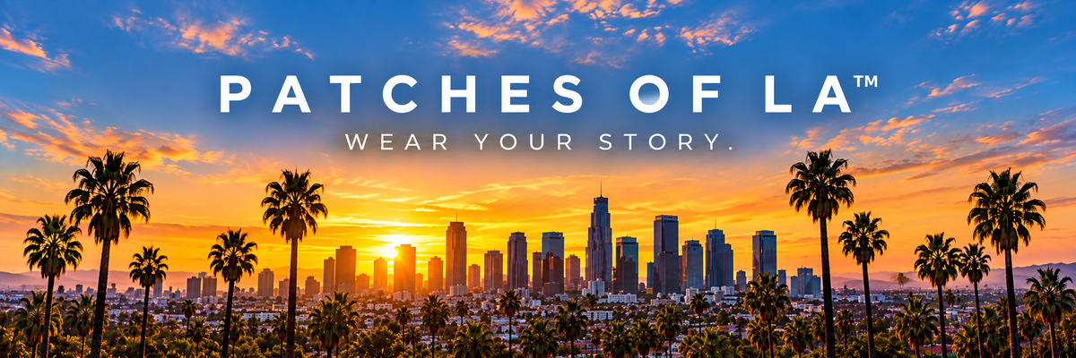 A promotional graphic for Patches of LA featuring the brand name in large white text over a sunset city skyline with palm trees. The text reads 'PATCHES OF LA' and 'WEAR YOUR STORY.