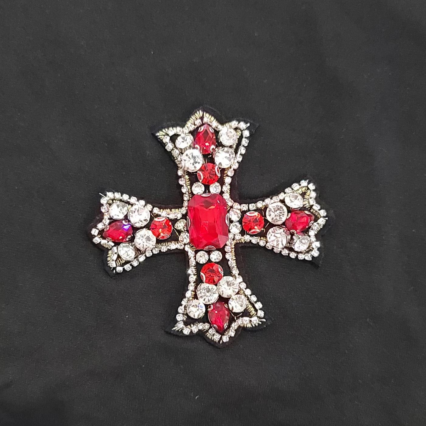 Red Rhinestone Cross Patch | Sparkly Sew On Applique | Bling Cross for Jackets, Denim, Bags, DIY Fashion