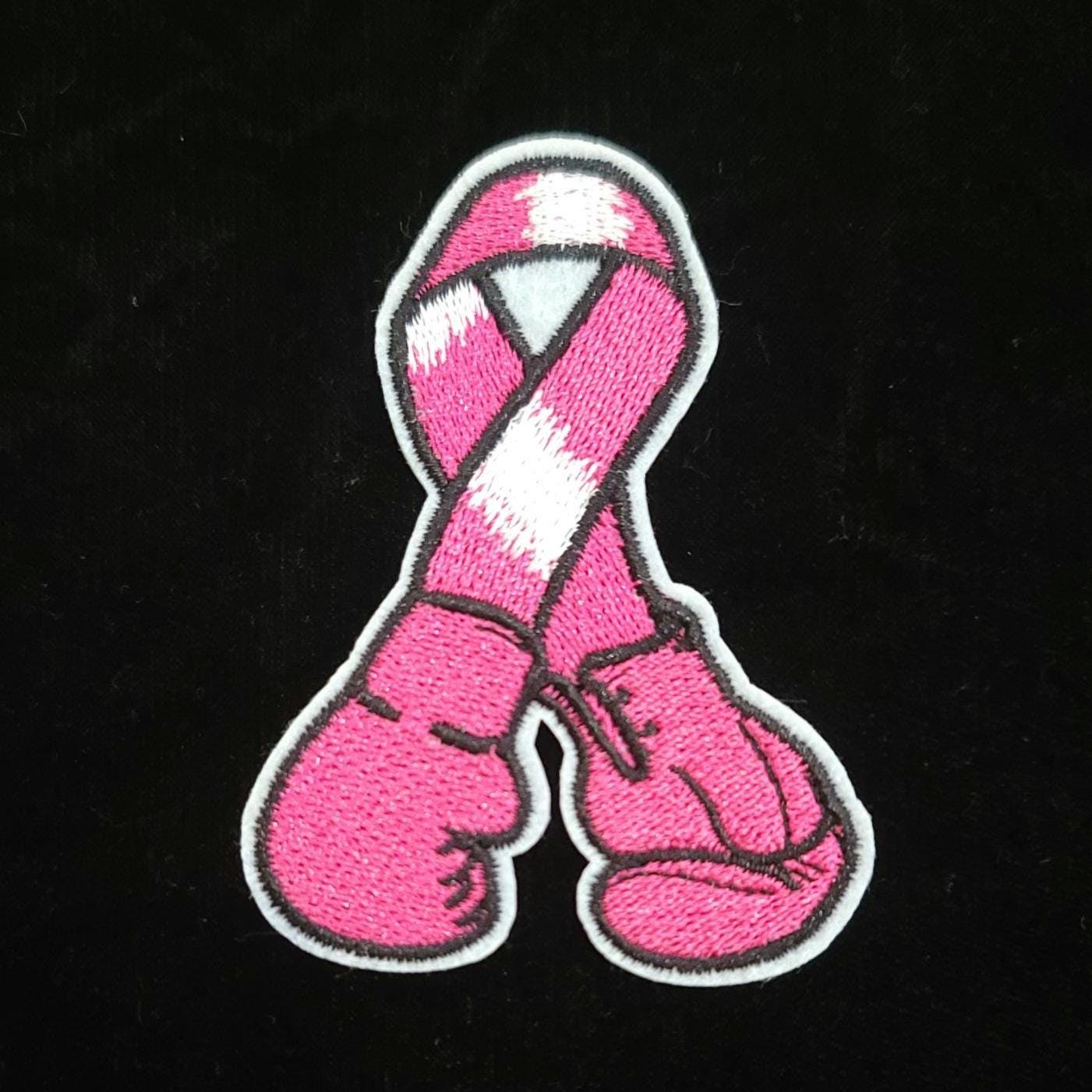 Pink Ribbon Boxing Gloves Patch – 3x2 Iron-On Patch for Breast Cancer Awareness