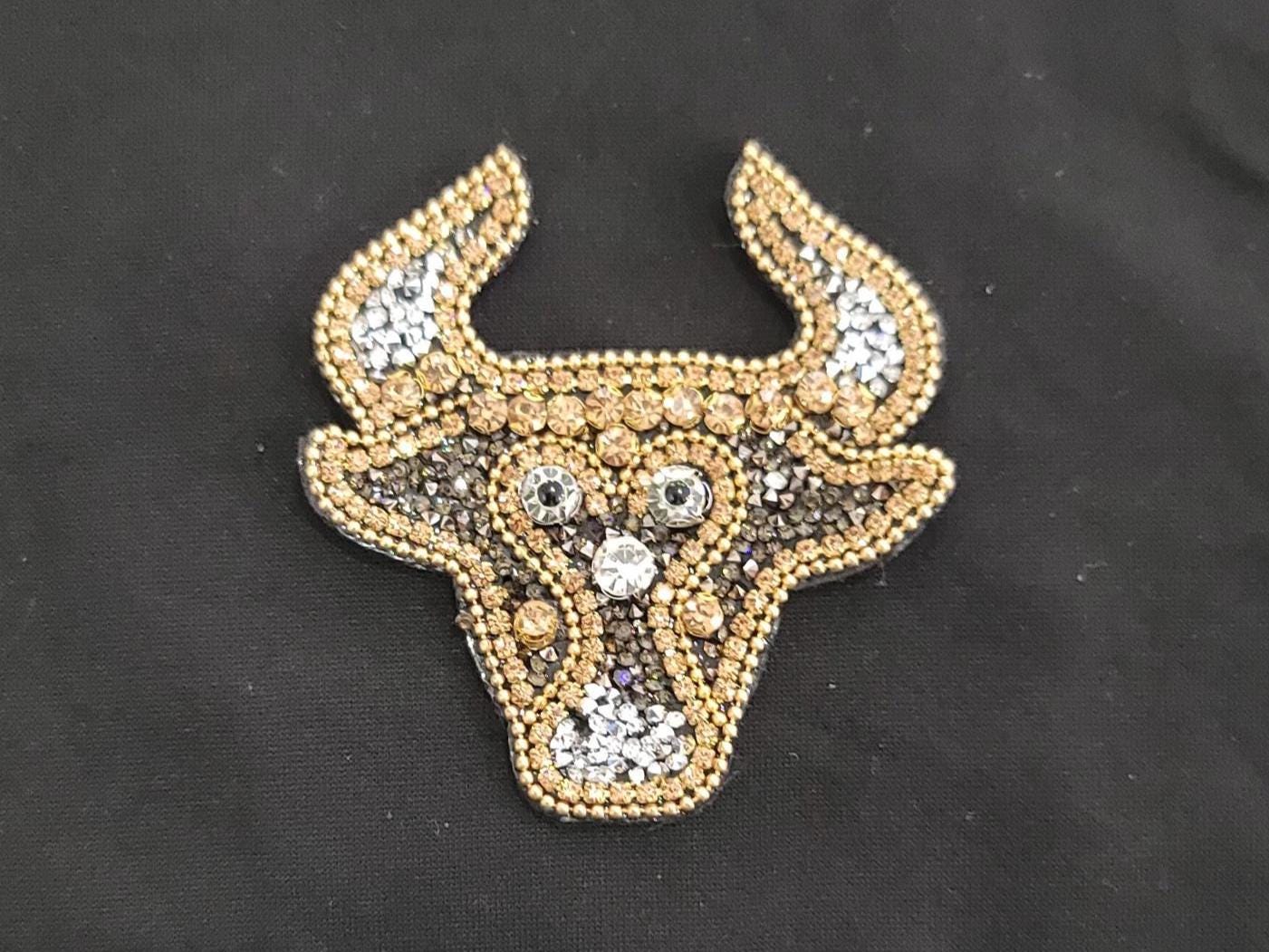 Rhinestone Bull Patch | Western Cowgirl Sew On Applique | Gold & Silver Bling Steer Head | Jacket, Denim, Rodeo Outfit Patch