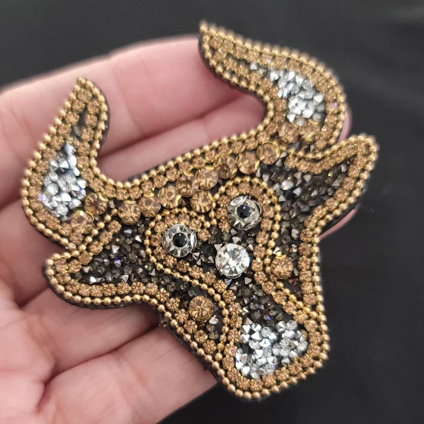 Rhinestone Bull Patch | Western Cowgirl Sew On Applique | Gold & Silver Bling Steer Head | Jacket, Denim, Rodeo Outfit Patch