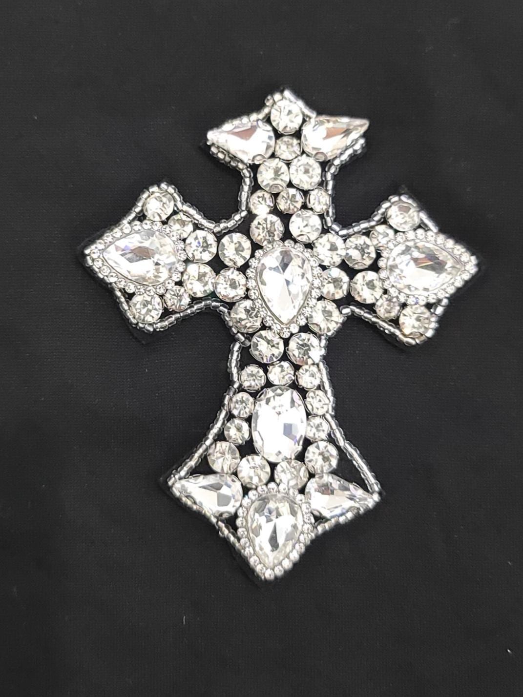 Rhinestone Cross Patch | Gold or Silver Sew On Applique | Sparkly Faith Cross for Jackets, Denim, Hats & Accessories | Bling Patch
