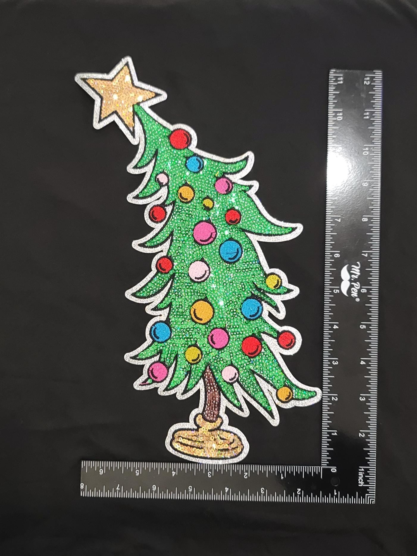 Large Sequin Christmas Tree Patch – Glittery Holiday Iron-On / Sew-On Patch with Star & Ornaments (10x4 in) – Festive Sparkle Appliqué