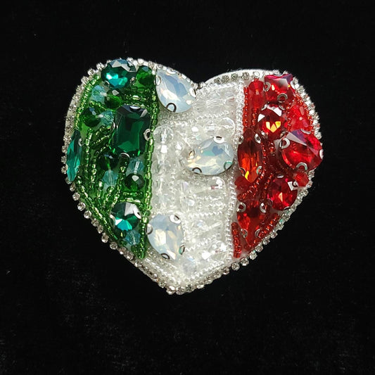 Heart Rhinestone Patch – Italy or Mexico Flag Colors – Green White Red Crystal Sew-On Bling Patch