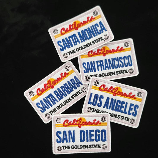California License Plate Patch Set – Los Angeles, San Francisco, San Diego, Santa Monica, Santa Barbara – The Golden State Embroidered Souve