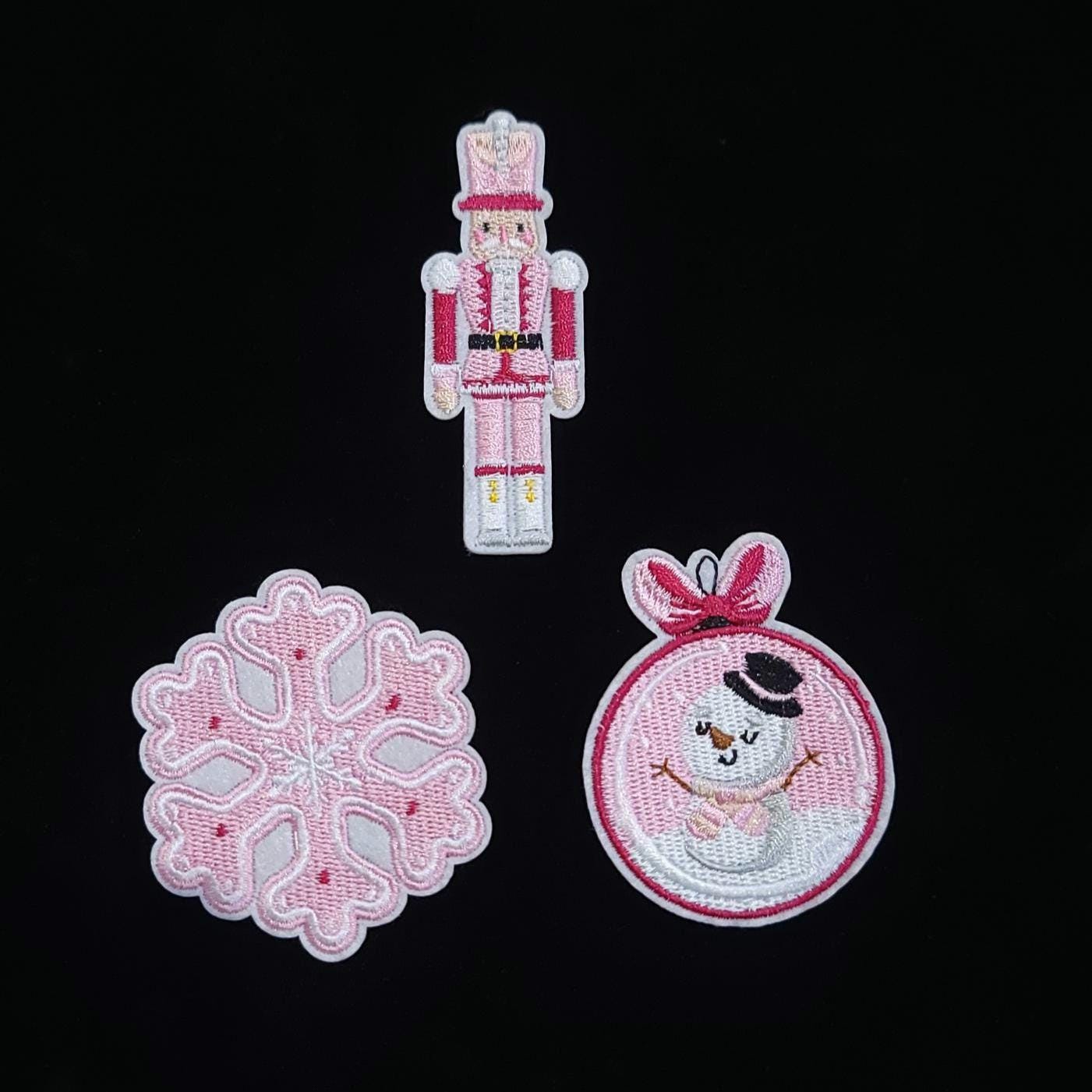 Pastel Pink Christmas Patch Set – 9-Piece Holiday Iron-On/Sew-On Bundle | Kawaii Winter Patches | Cute Christmas Decor Appliqués